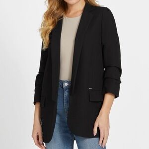 GUESS Los Angeles Maya Black Blazer Open Front Gathered Sleeves Pockets Size M